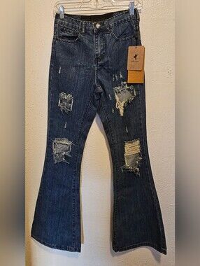 One Teaspoon Dark Blue Distressed Flare Jeans
